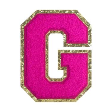 Imagem de 1 PÇ Patch de letra de chenille rosa de 11,4 cm com borda dourada – Remendos do alfabeto para roupas, jaquetas, mochilas, chapéus para decoração personalizada, nome personalizado e artesanato. (G)