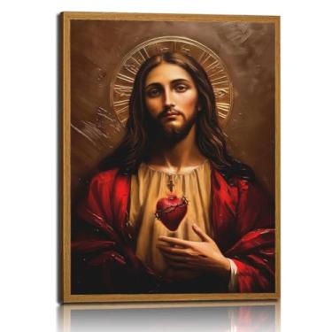 Imagem de Impressão de arte de parede em tela do Sagrado Coração de Jesus com moldura Católica Religiosa Pôster de Jesus Cristo Arte para Galeria Decoração de Igreja 61 x 40 cm Pronto para Pendurar