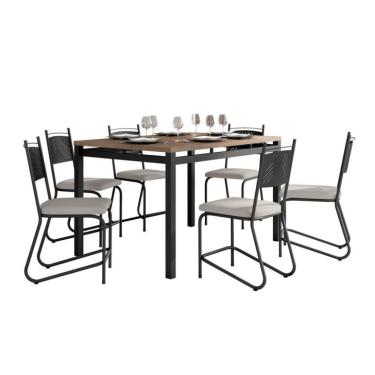 Imagem de Conjunto de Mesa Retangular com Tampo de MDP Marrom Valência e 6 Cadeiras Marselha Revestimento Sintético Bege e Preto