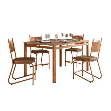 Imagem de Conjunto de Mesa Retangular com Tampo de MDP Marrom Valência e 4 Cadeiras Marselha Revestimento Sintético Terracota e Cobre