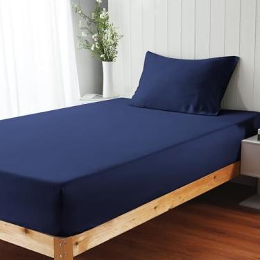 Imagem de Lençol de elástico 100% viscose derivado de bambu com bolso profundo de 40,6 cm, roupa de cama sedosa de luxo, ultramacio, refrescante para quem dorme quente (azul marinho, solteiro GG)