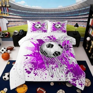 Imagem de Erosebridal Conjunto de edredom de futebol, tamanho solteiro, preto, branco, futebol, para meninos, meninas, crianças, adolescentes, bola, esportes, jogos, edredom roxo e tinta respingos, pinceladas