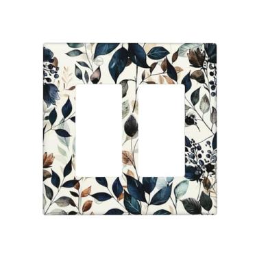 Imagem de BHGAHD Capas de tomada decorativas com folhas de eucalipto salpicadas de tinta, design de placa de parede de 2 grupos, capa de interruptor duplo, placa frontal para quarto, decoração de casa