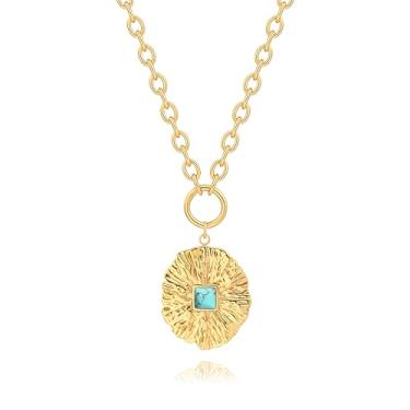 Imagem de CANEVINKA Colar feminino com pingente de moeda de ouro 18K com bússola delicada e girassol, corrente personalizada, joia em camadas, Banhado a ouro, Turquesa