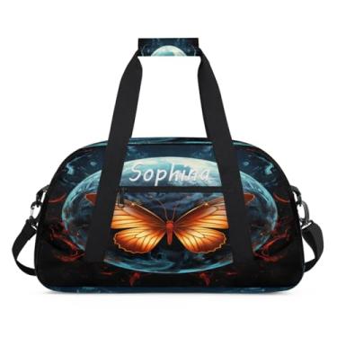 Imagem de Bolsa esportiva personalizada, borboleta, galáxia, retrô, com nome, bolsa de dormir personalizada, bolsa de fim de semana, bolsa de treino para dança, balé, academia, ginástica, mala, viagem, presente