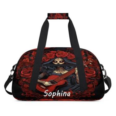 Imagem de Bolsa esportiva personalizada com caveira rosa guitarra abstrata com nome bolsa personalizada para dormir bolsa de fim de semana, bolsa de treino para dança, balé, academia, ginástica, mala, viagem