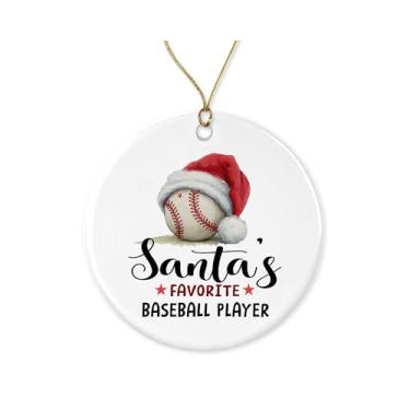 Imagem de ZoZi9xDesigns Enfeite de jogador de beisebol favorito do Papai Noel - Enfeite de Natal de beisebol de cerâmica - Amante do esporte - Presente para treinador - Decoração de árvore de Natal impressa em