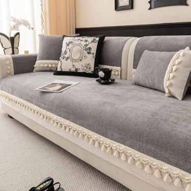 Imagem de HGTRH Capa de sofá com espreguiçadeira de 3 lugares, capas de sofá antiderrapantes para conjunto de sofá secional com decorações de borla, cinza, 110 x 110