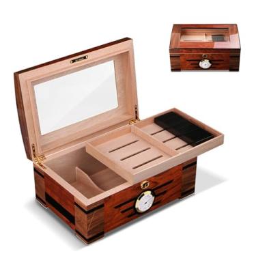 Imagem de HGTRH Umidor de charuto, caixa de armazenamento de charutos forrada de madeira de cedro com higrômetro e umidificação, parte superior de vidro, divisória, para 100 charutos