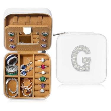 Imagem de Caixa de joias de viagem, caixas de joias com inicial para mulheres, presentes de aniversário para mulheres, presentes de Natal personalizados rosa fofos para ela, estojo de joias de viagem, portátil