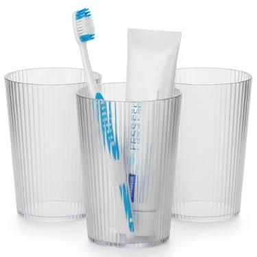 Imagem de NiHome Suportes de escova de dentes para banheiros 3 peças, copos de plástico reutilizáveis para escova de dentes, copos de enxaguante bucal inquebráveis de 382.7 g fáceis de limpar (listrado