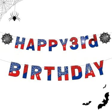 Imagem de Banner de feliz aniversário com tema de aranha – Decorações de festa de super-heróis para crianças, guirlanda de cartolina com glitter azul vermelho com teias de aranha, pano de fundo de aniversário