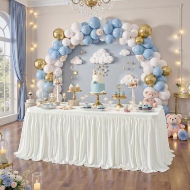 Imagem de Saia de mesa de poliéster marfim de 335 cm para mesas retangulares de 1,8 m (capa frontal e ambos os lados), saias de mesa de pano creme com babados sem rugas, 3,4 m, para festa de casamento, chá de