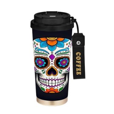 Imagem de STAYTOP Caneca de café colorida com isolamento de caveira de açúcar de 482 g, copo de café reutilizável de aço inoxidável com tampa flip à prova de vazamento à prova de vazamento para escritório