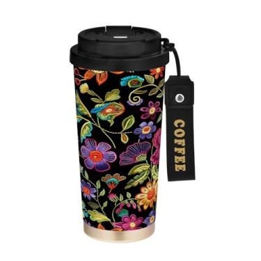 Imagem de YETTASBIN Caneca de café mexicana floral com isolamento térmico de 482 g com tampa canudo, copo à prova de derramamento e vazamento com alça para bebida quente e fria, garrafa de água de aço