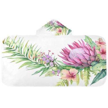 Imagem de Burbuja Toalha de banho com capuz de plantas tropicais para crianças, toalha de praia de pelúcia macia absorvente para chá de meninas e meninos 3-10 anos, 61 x 127 cm