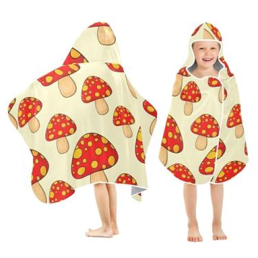 Imagem de Burbuja Toalha de banho com capuz de cogumelos vermelhos de desenho animado para crianças, toalha de praia de pelúcia macia absorvente para meninas e meninos 3-10 anos, 61 x 127 cm
