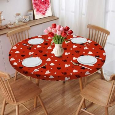 Imagem de bnhjsdw Toalha de mesa redonda elástica – adequada para mesas de 114 a 137 cm, toalha de mesa redonda de dia dos namorados com borda elástica, capa de mesa lavável resistente à água para decoração de