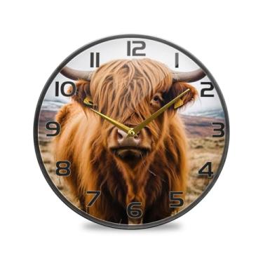 Imagem de YETTASBIN Highland Cow Relógio de parede acrílico – Silencioso, sem tique-taque, operado por bateria, relógio redondo decorativo criativo para cozinha, sala de estar, banheiro, decoração de escritório
