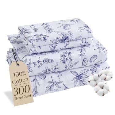 Imagem de MCO Jogo de lençol 100% algodão estampado floral, conjunto de lençóis Queen de algodão 300 fios, bolso profundo de 40,6 cm, lençóis refrescantes respiráveis 4 peças (Queen, azul floral)