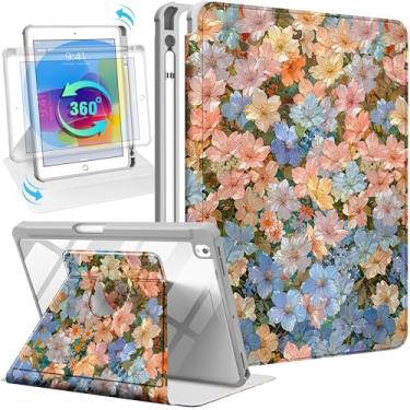 Imagem de Uppuppy Capa para iPad 9ª/8ª/7ª geração para iPad Air 3ª/Pro 10,5 polegadas – Capa inteligente com suporte giratório 360 com suporte para lápis para mulheres, linda flor para Apple Tablet 7/8/9 Gen