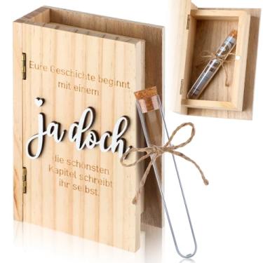 Imagem de Youyole 1 conjunto de caixa de presente de madeira para dinheiro de casamento de 14 x 9 cm com tubo de ensaio e arco, suporte de dinheiro para presente de dinheiro para noiva e noivo, forma de livro