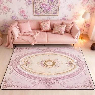 Imagem de Tapete rosa claro 7,5 x 12,7 cm, decoração antiga, boêmio, floral, tapete para sala de estar | Tapete lavável com flores boêmias, tapete vitoriano damasco minimalista