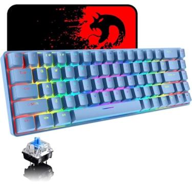 Imagem de Teclado mecânico para jogos 60% mini 68 teclas com fio tipo C 18 efeitos de luz de fundo RGB, mouse favo de mel RGB 6400DPI leve, mouse pad grande compatível com PS4,laptop (interruptor azul/azul)