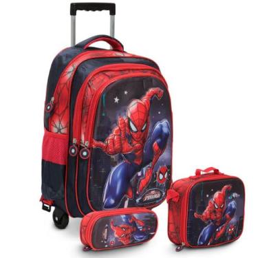 Imagem de Kit Mochila Rodinha Estojo Lancheira Térmica Homem Aranha - Plike