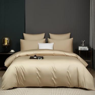 Imagem de YASMENG Conjunto de capa de edredom de cetim 100% algodão de fibra longa champanhe queen tamanho 3 peças de luxo 600 fios algodão puro orgânico durável qualidade hotel conjunto de cama macio sedoso