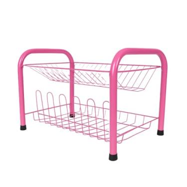 Imagem de Escorredor de Pratos e Copos Duplo Aço Reforçado Cozinha Cromado, Preto, Rosa, Corten, Prata + Cores(Rosa)