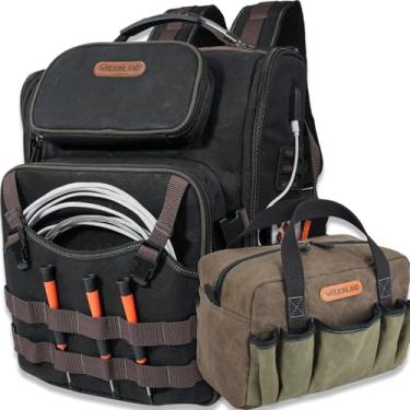 Imagem de WELKINLAND Conjunto de mochila e bolsa de ferramentas para eletricista com 60 bolsos, mochila HVAC resistente, mochila de lona de cera impermeável, mochila de ferramentas mecânicas totalmente abertas