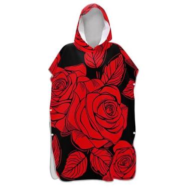 Imagem de TSENQUE Red Roses Poncho de surf preto para adultos trocador de roupa de praia com capuz toalha de banho reutilizável ponchos de praia para homens