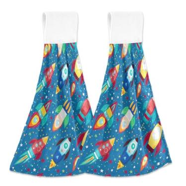 Imagem de Toalhas de mão coloridas de desenho animado foguete azul personalizadas para toalhas de forno de cozinha toalha de prato decorativa absorvente para cozinha conjunto de 2, 18,2 x 14 polegadas