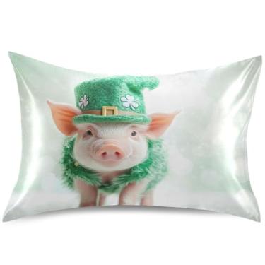 Imagem de Cute Piglet Wear Capas de almofada de cetim verde padrão King Queen capa de almofada refrescante animais presentes modernos roupa de cama, tamanho padrão, 66 cm x 50 cm