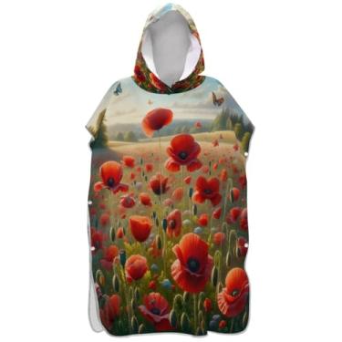 Imagem de Joisal Roupão de mudança de poncho de surfe para toalha de banho com capuz de praia plus size ponchos femininos com capuz vibrante primavera flor floral vermelha