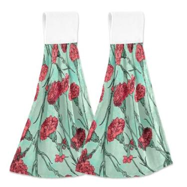 Imagem de Toalhas de mão florais de caveira de cravos vermelhos personalizadas com laços para pendurar toalhas de forno conjunto de 2 toalhas de cozinha decorativas macias e absorventes, 46 x 35 cm