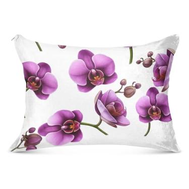 Imagem de Capa de almofada de flanela branca com flores de orquídea roxa com zíper estampa de arte padrão king queen size fronhas para cama grandes, tamanho padrão, 50,8 cm x 66 cm
