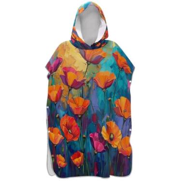 Imagem de Joisal Roupão vibrante de papoulas da Califórnia para adultos, poncho de surfe, ponchos de praia de secagem rápida, para homens, toalha de banho com capuz fofo