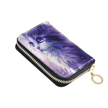 Imagem de Carteira feminina de couro com zíper e bloqueio de RFID com bolso para moedas, pintura de gato violeta