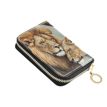 Imagem de Carteira feminina de couro marrom leão africano, porta-cartão de crédito, bloqueio de RFID, com zíper e zíper