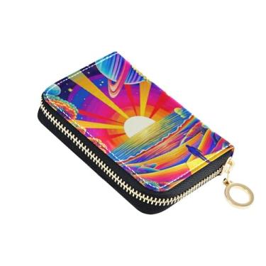 Imagem de Carteira feminina feminina com zíper e bloqueio de RFID, porta-cartões de crédito, colorido, árvore de praia, pôr do sol, zíper e bolso para moedas