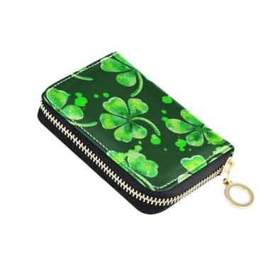 Imagem de Carteira feminina com zíper e porta-cartões com bloqueio de RFID, pequena bolsa de troca de zíper com chaveiro, trevos verdes, verde