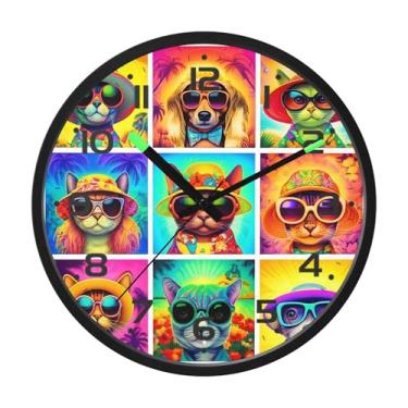 Imagem de SEHANY Relógio de parede de grade de nove quadrados, fofo, gato, cão, silencioso, sem tique-taque, operado por bateria, controle de som, luz noturna, relógios de parede para sala de estar, cozinha