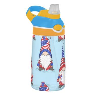 Imagem de Garrafa de água infantil Tritan de 473 ml com tampa de palha, à prova de vazamento, garrafa de água esportiva para escola, portátil, copo infantil de 473 ml, alça de transporte, gnomos fofos, desenho