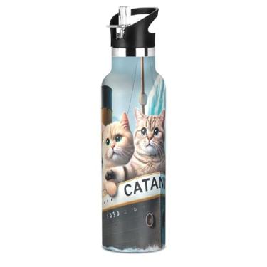 Imagem de Joisal Garrafa de água de aço inoxidável de 590 ml com tampa e alça de palha, garrafas de água escolares à prova de vazamento para meninas, copos infantis isolados a vácuo de parede dupla, estampa de