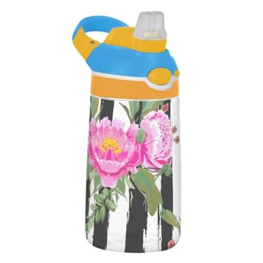 Imagem de Garrafa de água com listras florais Pink Peonies para crianças 473 ml Tritan à prova de vazamento garrafa de água esportiva com tampa de canudo 473 ml copo infantil portátil reutilizável, alça de