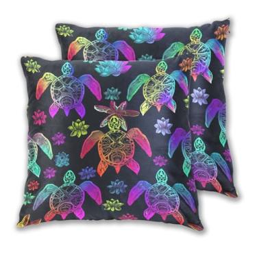Imagem de Joitme Conjunto de 2 capas de almofadas de tartarugas marinhas de lótus preto arco-íris, fronhas de sofá grandes para ambientes externos, para sala de estar, 50 x 50 cm, 2 peças