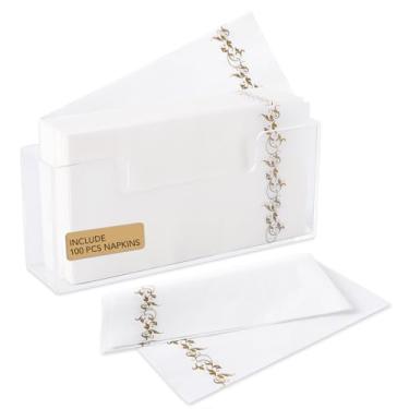 Imagem de BSSN Conjunto de 100 guardanapos descartáveis com suporte, conjunto de toalhas de papel de mão para jantar decorativo de festa, suporte de guardanapo acrílico transparente à prova d'água para cozinha
