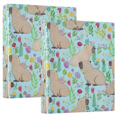 Imagem de Capivaras fofas personalizadas, flores coloridas, fichários de 3 cm, 3 anéis, comporta 200 folhas, pastas, anel redondo, fichário resistente, 31,5 x 27 x 6 cm, pacote com 2